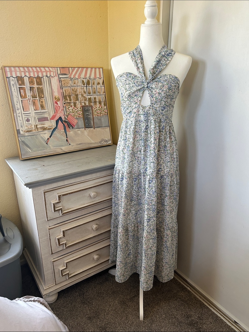 Lush Floral Halter Maxi Dress in Blue and White